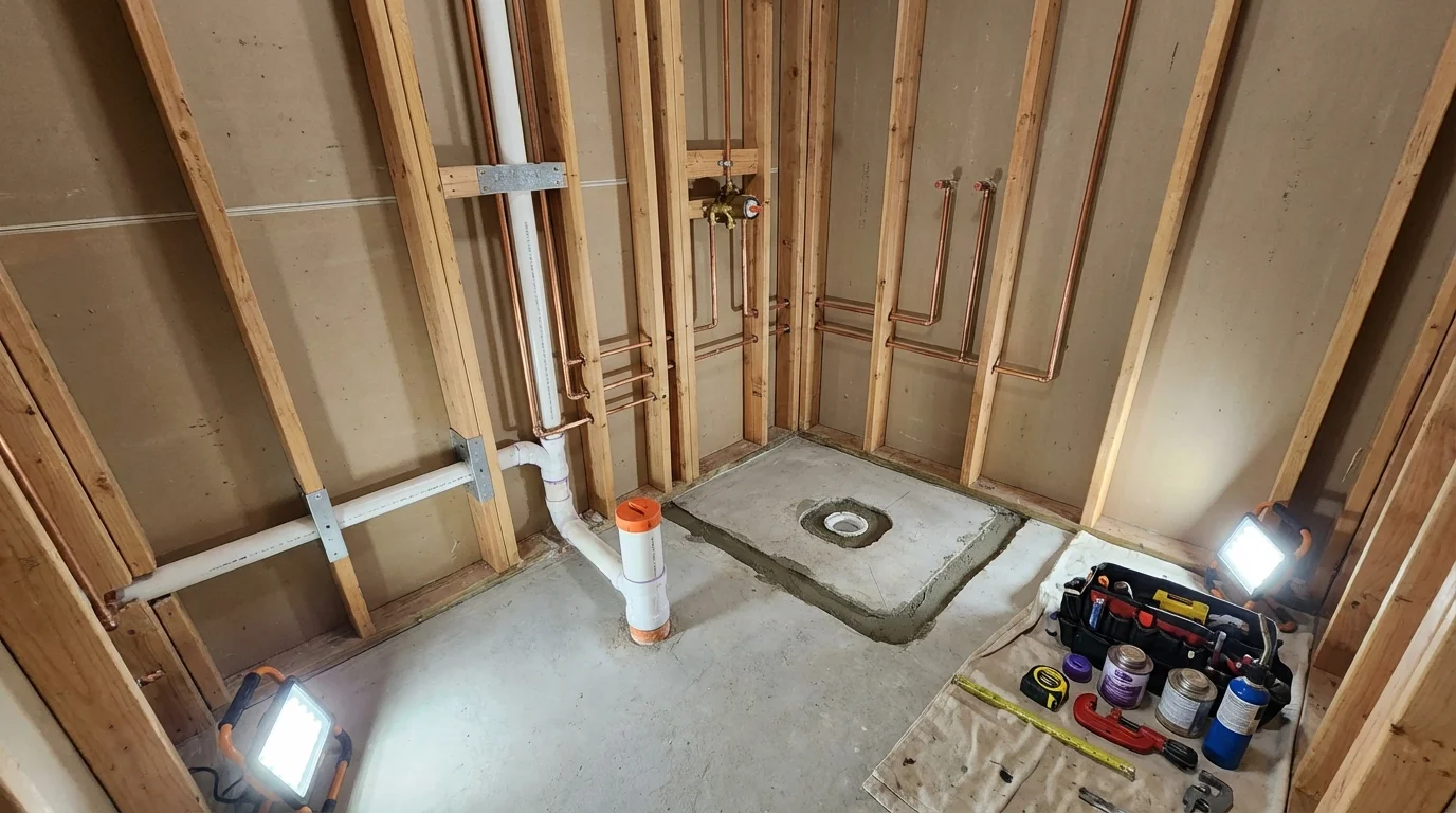 Bathroom rough-in plumbing during remodel by Johns Plumbing LLC in Thermopolis
