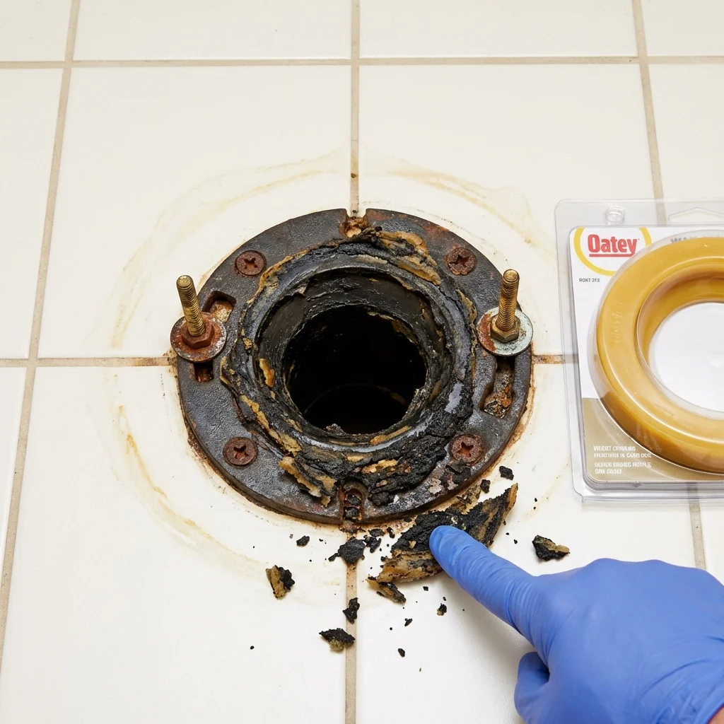 Failed wax ring showing water seepage at the base of a toilet in a Thermopolis, WY home