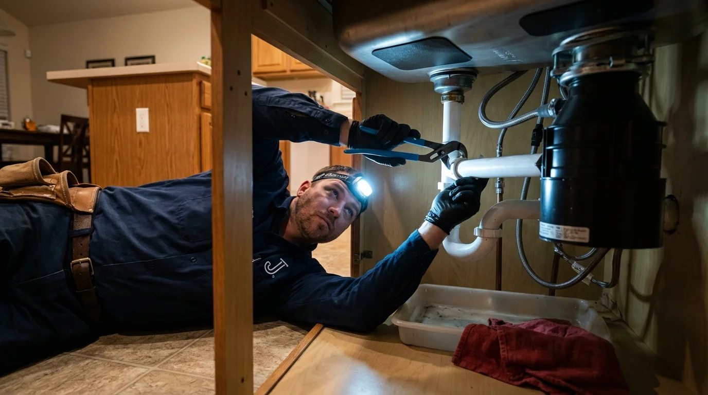 P-trap and supply line connections under a kitchen sink showing a common leak point in Thermopolis, WY